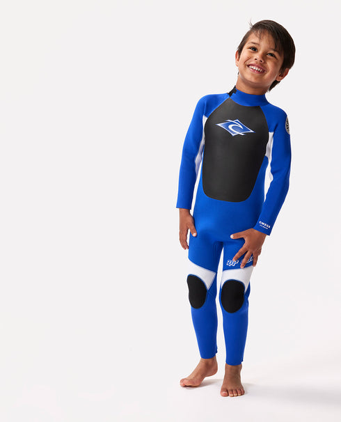 Rip curl groms omega 3/2 back zip steamer barn våtdräkt - blå